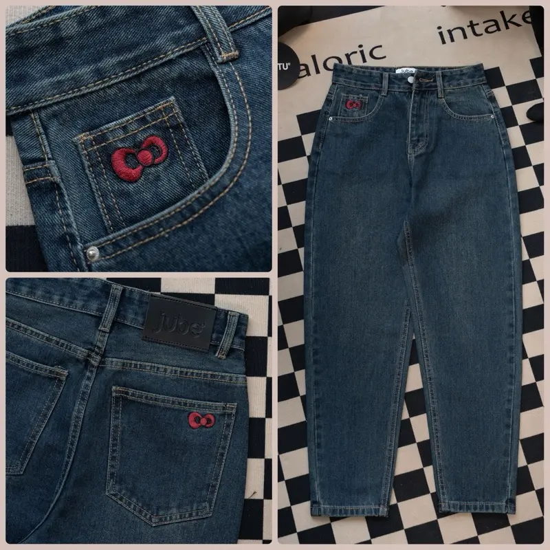 (VẢI QC-CAO CẤP) Quần Baggy Jean Nữ Kiểu Dáng Trơn Thêu Nơ Lưng Cao Vải Không Co Giãn Chất Mềm 4