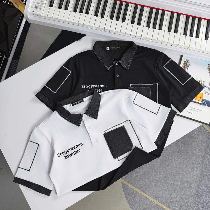 Áo polo-101 nam nữ hai màu đen trắng thêu chữ phối viền jean chất cotton co dãn thoáng khí Menswear PTH 