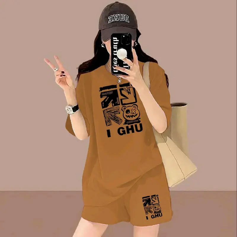 Setelan Celana Pendek dan Lengan Pendek Wanita bahan baby terry- Model Terbaru -setelan santai Atasan Motif printing Baju Kaos Hitam Cewek Nyaman Lembut Kerah bulat Panjang Topi 3