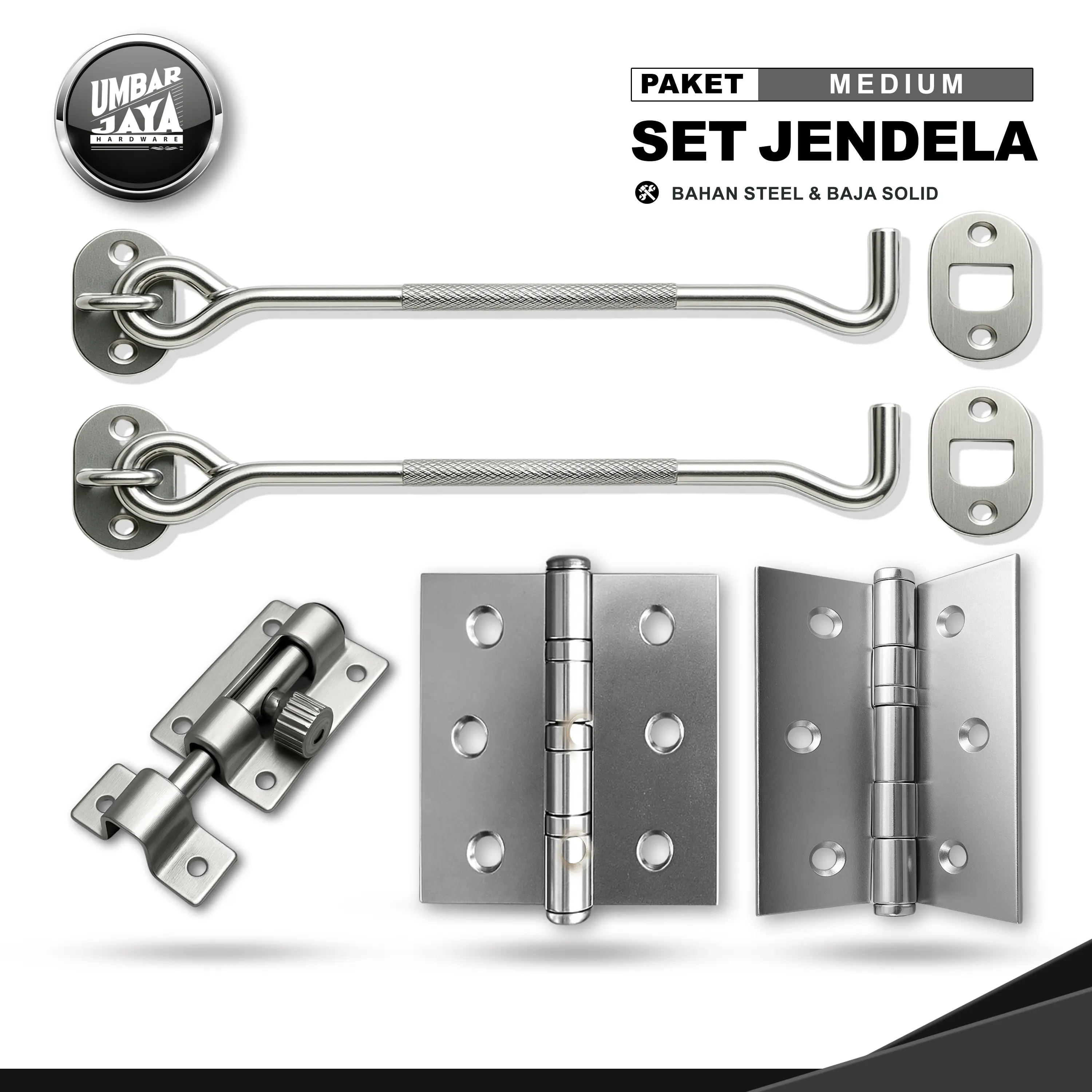 Paket Engsel Jendela 3inci, Penahan Jendela Fullset, Engsel Jendele, Penyangga Jendela, Pengunci Jendela warna Silver