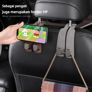 pengait ganda suede untuk sandaran kursi mobil, pengait logam multifungsi tersembunyi di sandaran kursi mobil, pengait penyimpanan aksesoris interior mobil dengan tempat ponsel, Pengait serbaguna mobil untuk penyimpanan