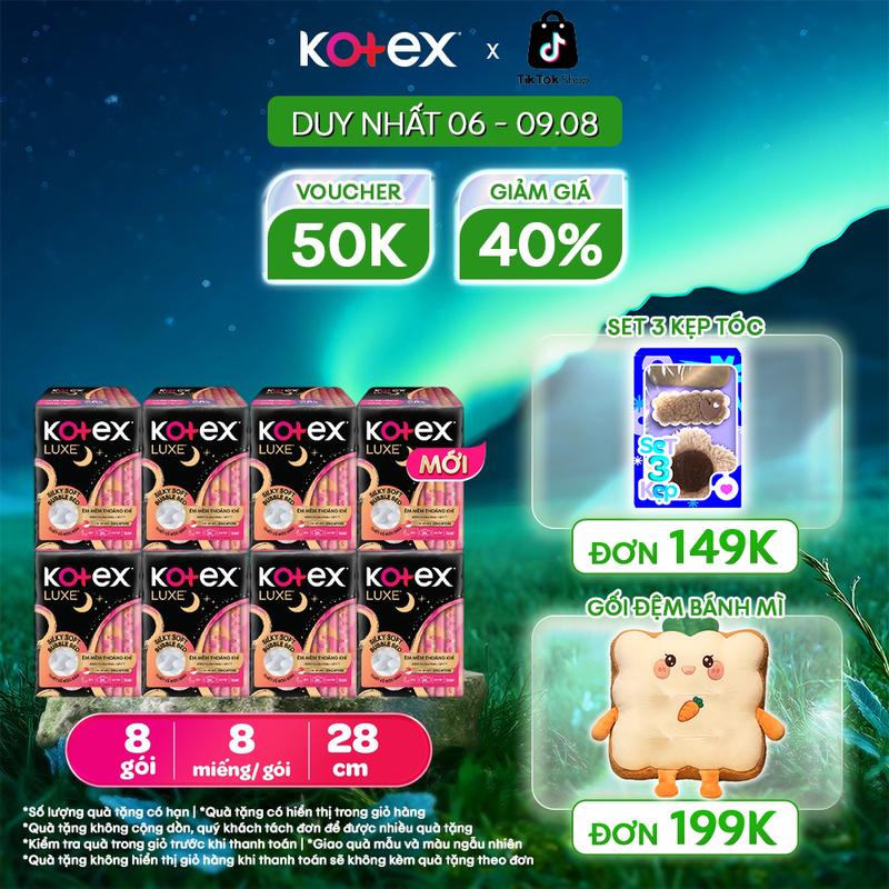 [QUÀ TẶNG HOT] 8 gói băng vệ sinh nữ Kotex Nhập Khẩu Luxe ban đêm 28cm, 8 miếng/gói, Siêu mỏng cánh, Cao cấp, Mặt bông êm mềm, khô thoáng, thấm hút nhanh, chống tràn, bvs kinh nguyệt nhiều, miễn phí vận chuyển, bvs chính hãng, tampon.