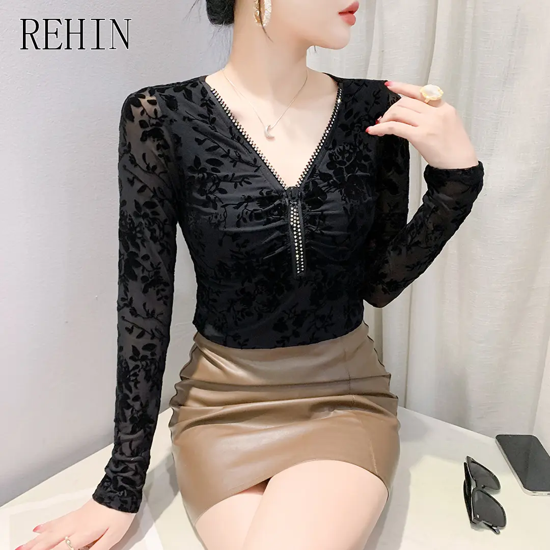 Áo Thun Nhung In Hình, Cổ Tròn, Dài Tay, REHIN, Trang Trí Kim Cương Giả, Áo Bó Sát Dành Cho Nữ, Thời Trang Mới
