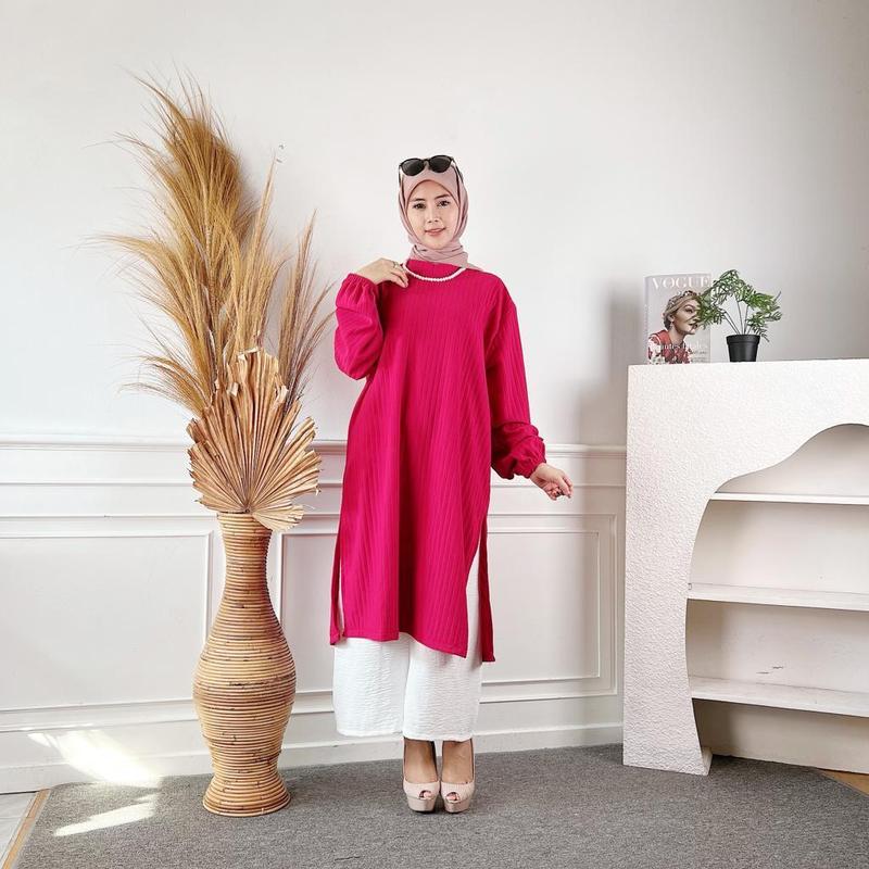 tunik wanita knit muslim ld 120 lengan karet Midi dres wanita melar 6