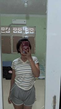Product Review of V-NECK CROP STRIPE KERUT- Top tee Garis salur Kaos Atasan basic Katun Leher V Wanita Cotton Combed 30s Premium Lerist T-Shirt Polos Baju Pendek from u**7 3