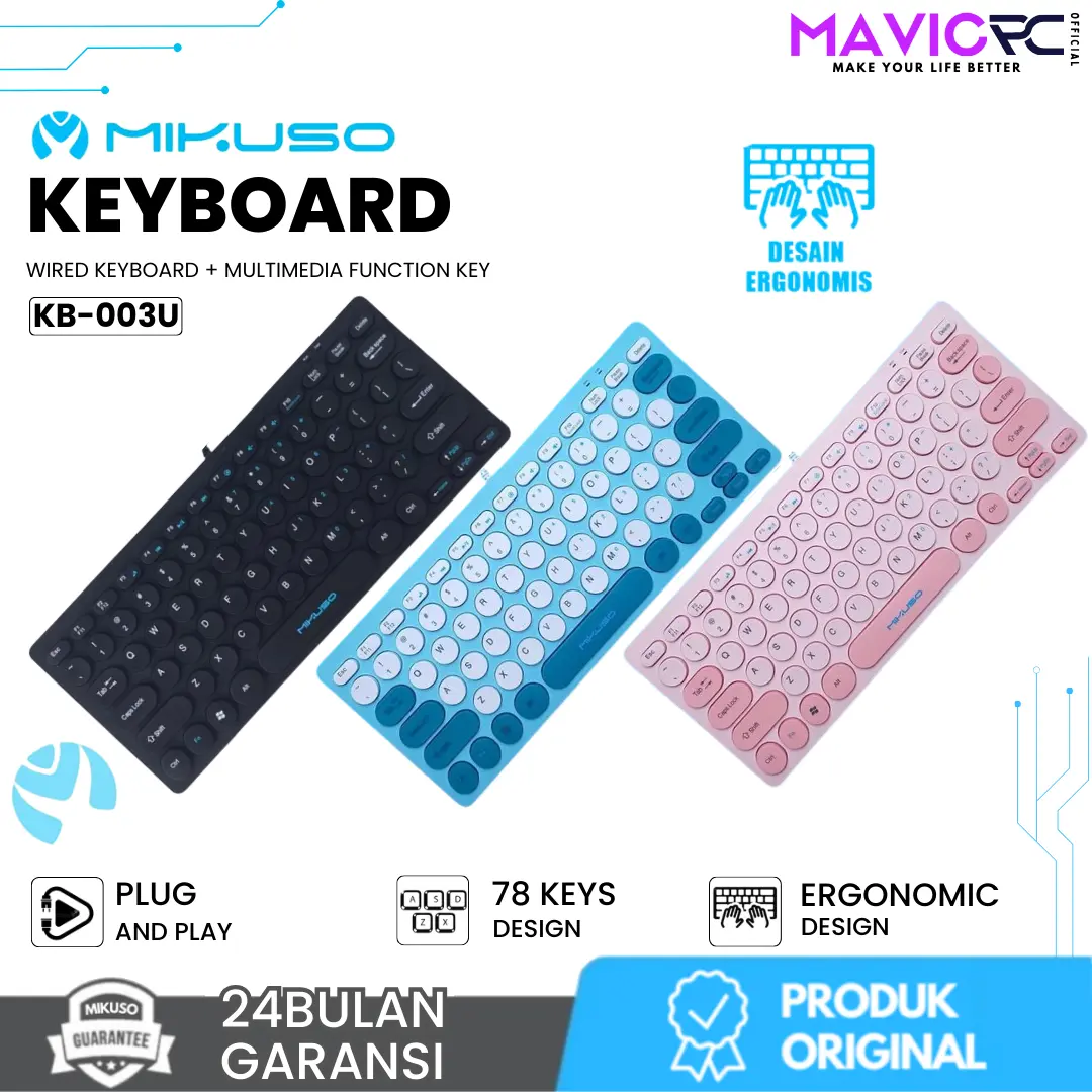 MIKUSO KB-003U Wired Keyboard Mini Portable USB 78 Key Pastel Colour Series - Garansi Resmi 2 Tahun