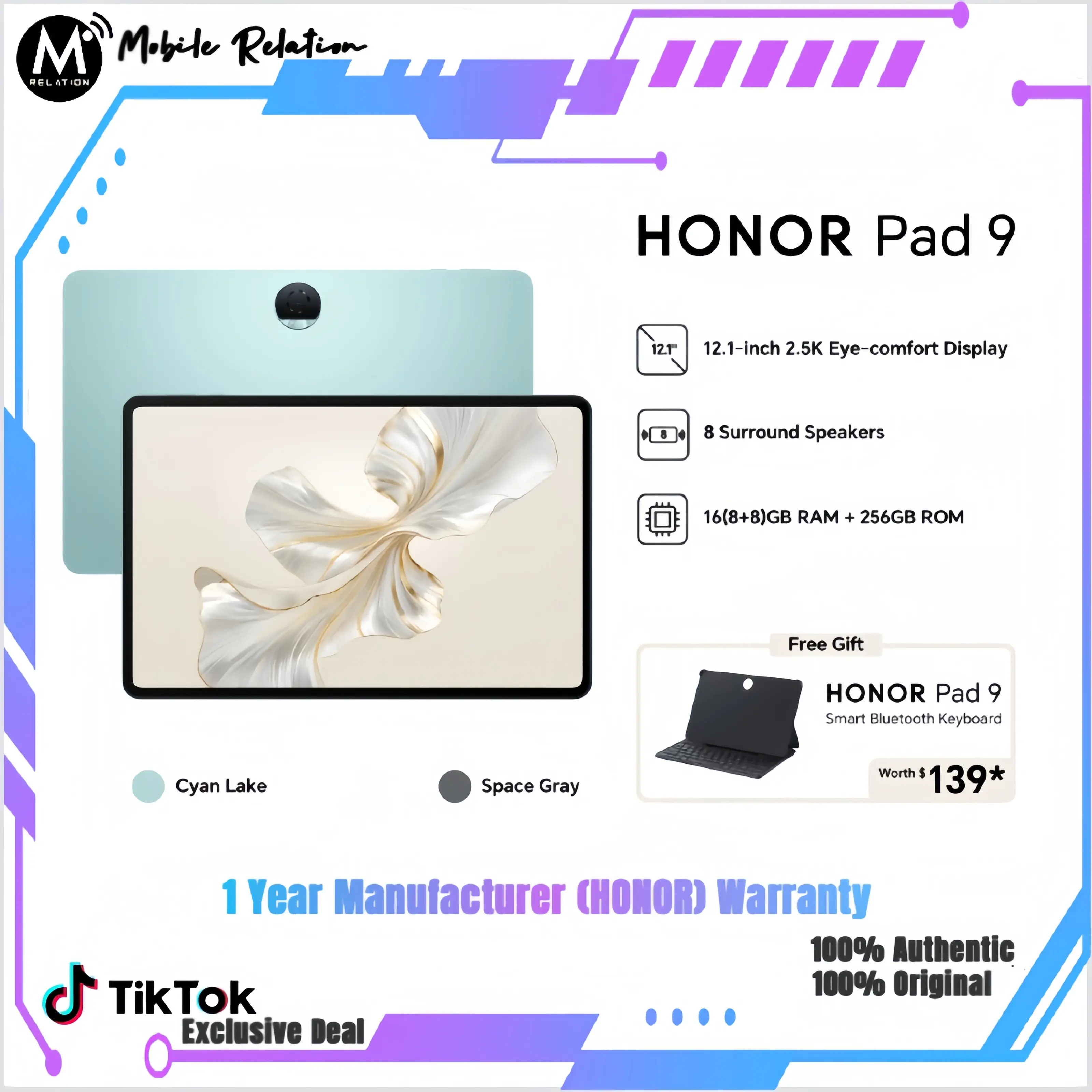 HONOR Authorised Reseller | HONOR Pad 9 16(8+8)GB +256GB 12.1"120hZ 2.5k Eye Protection Display | 8 Speaker | 4 Snapdragon 6 Gen | 8300 mAh I 1 Year HONOR Warranty