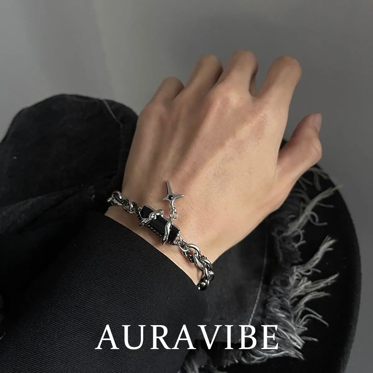 AURAVIBE-Gelang dengan batu zircon hitam berbentuk bintang untuk pria, bergaya minimalis dan keren ala Ins, dari Titanium dengan desain sederhana dan mewah.