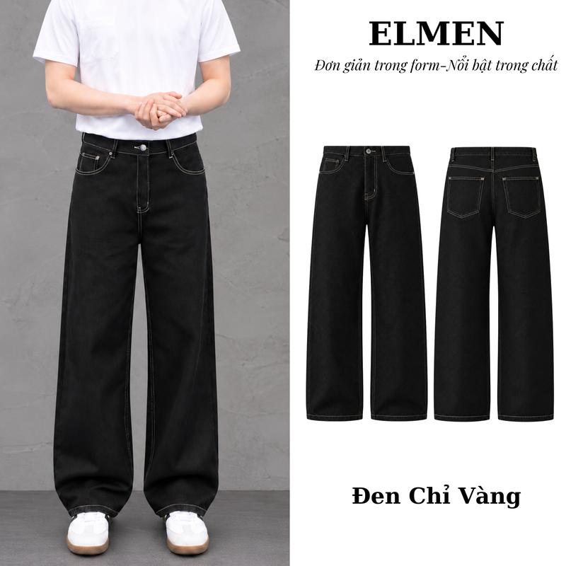 Đen Chỉ Vàng Quần Kaki Jean's Ống Rộng Wash Cạp Cao, Form Rông Ống Đứng Phủ Giày Trẻ Trung, Phong Cách Năng Động, Basic, Dễ Mặc, Dễ Phối Đồ.
