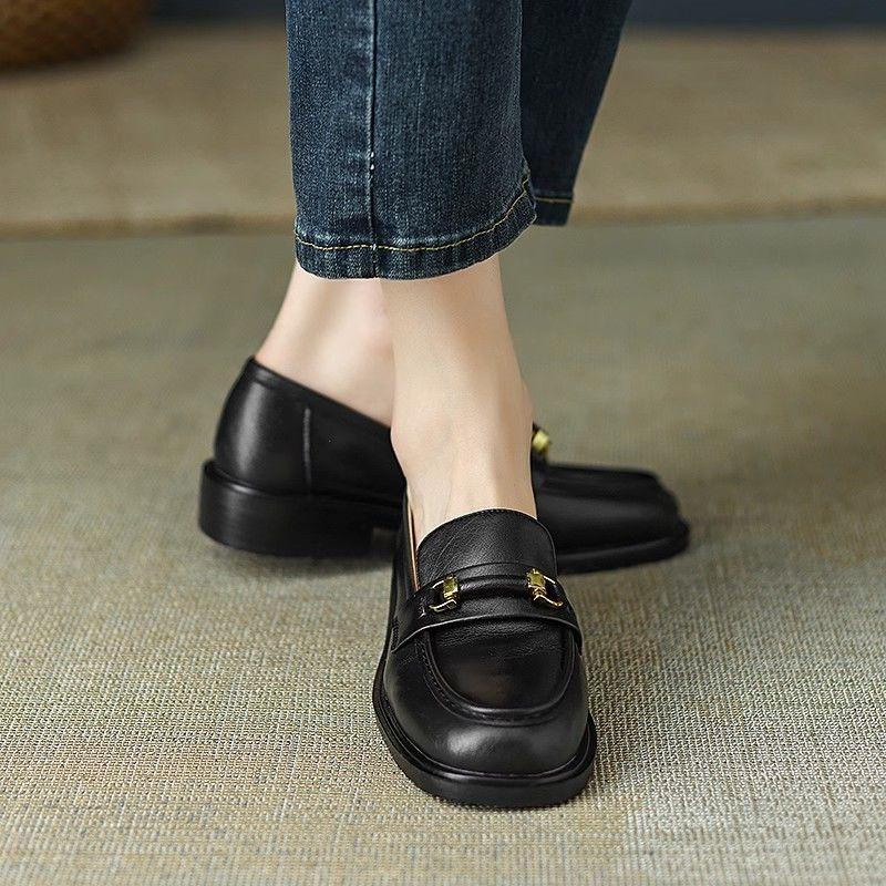 Product Introduction of Super Easy to Wear ~ Real Soft Leather round Toe Vintage Chunky Heel Loafers Women's Spring and Autumn New British Leather Shoes Mid-Heel Shoes 19