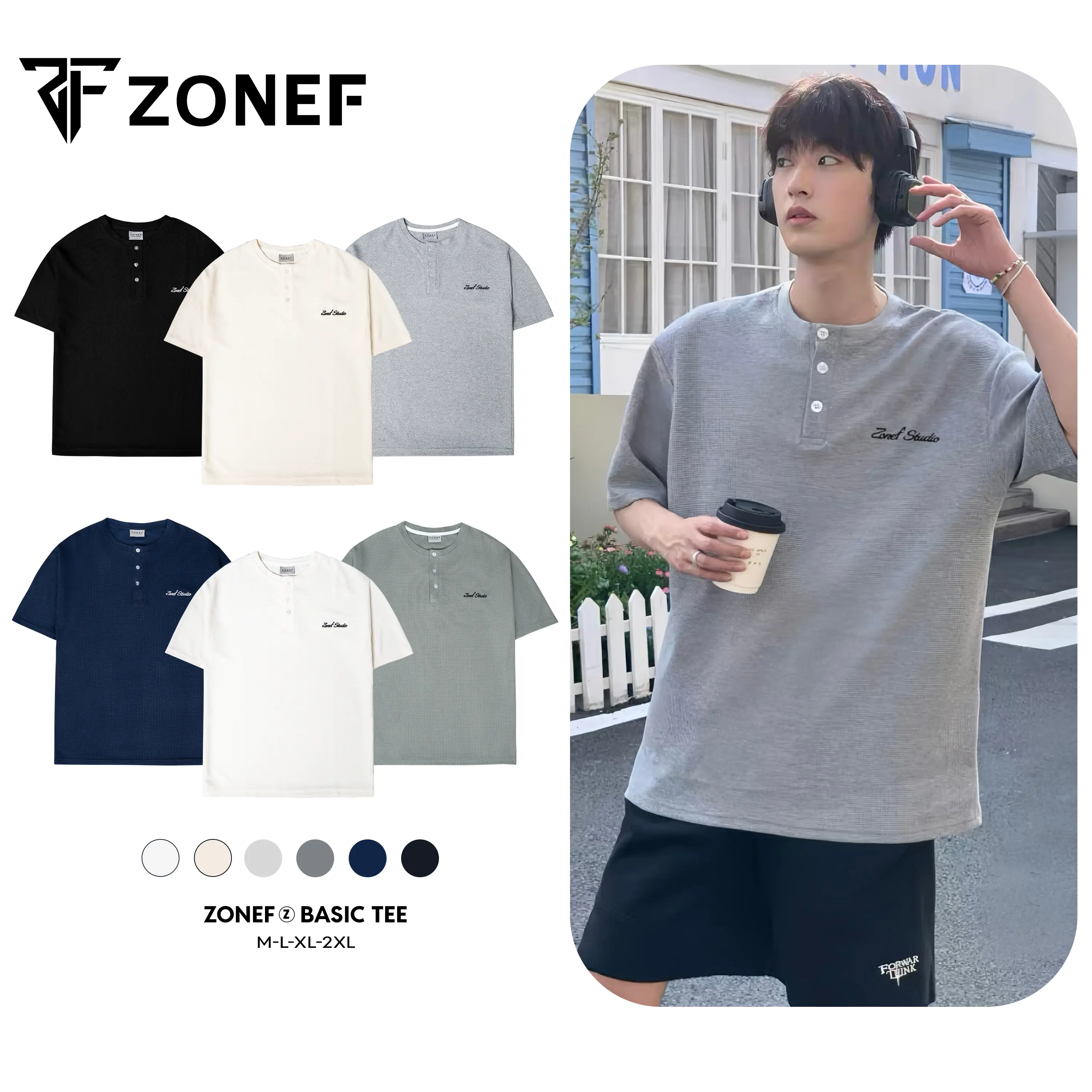[New Summer Item] Áo Thun Trơn Ngắn Tay Chất Liệu Cotton Tổ Ong Cao Cấp Nam Nữ  , Áo thun relaxed fit cổ cúc thêu Zonef