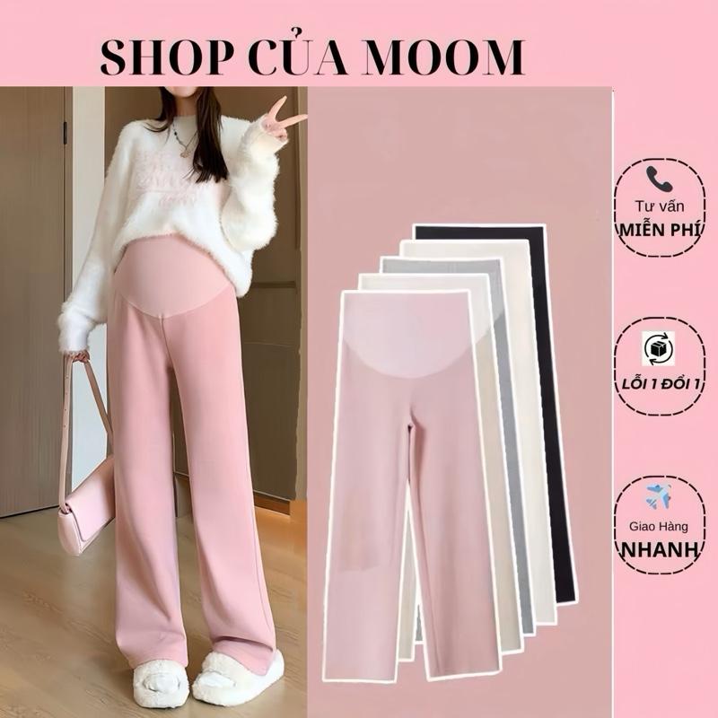 Nhà Moom Quần Bầu Lót Lông ống rộng chất Tăm Nhung Lót Lông Mềm Ấm cho Mẹ Bầu