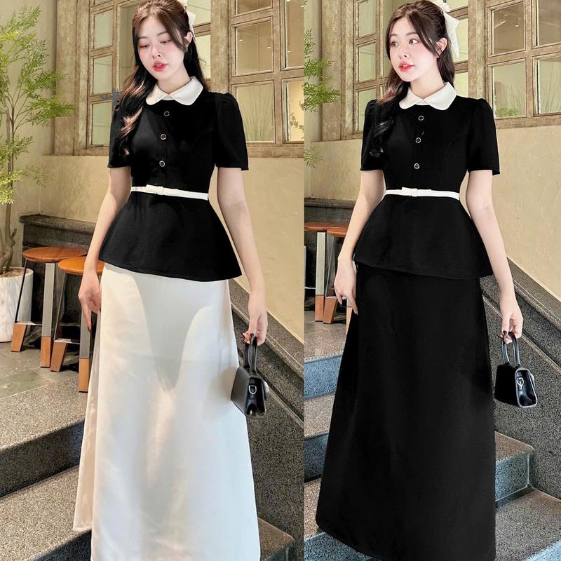 281(Có Tách Lẻ) SET ÁO PEPLUM CỔ SEN TAY PHỒNG ĐÍNH NƠ NÚT KÈM CHÂN VÁY CHỮ A DÁNG DÀI MIDI phù hợp đi chơi đi làm đi tiệc