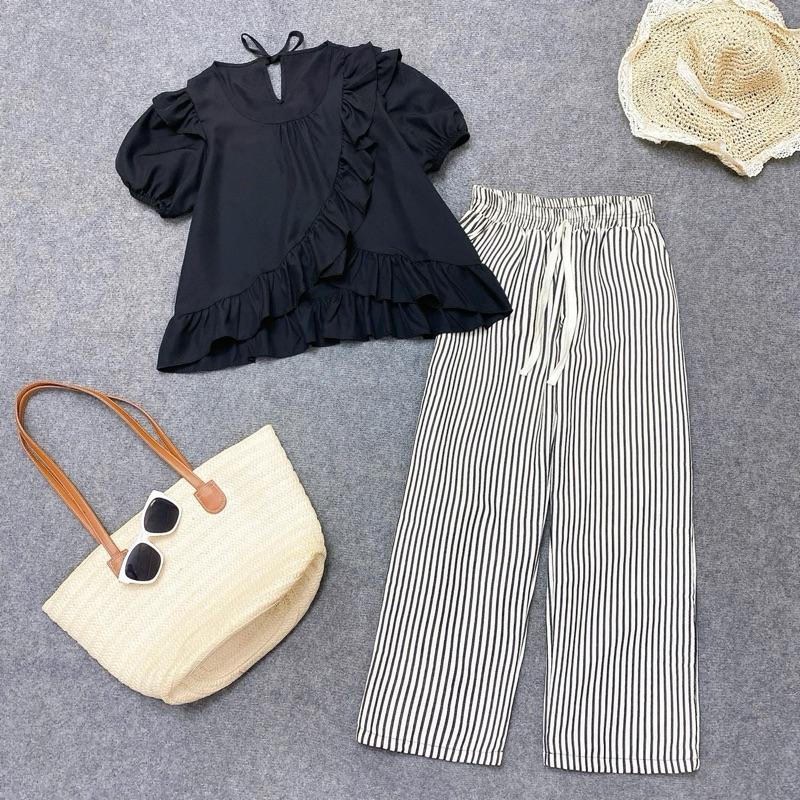 Set Bộ Bigsize Mùa Hè Trẻ Trung, Quần Đũi Sọc Lưng Cao Chín Tấc Ống Rộng Mix Áo Babytee Vải Tăm QC Cao Cấp Mặc Nhà, Đi Du Lịch Cho Nữ Chuppy (50-95Kg)- Sm277 Q534