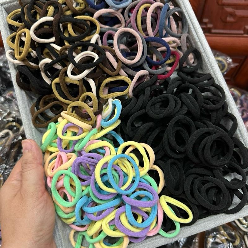  Bịch 100 Thun Cột Tóc Đuôi Ngựa Bọc Vải Mix Màu Sắc Đen Nâu Be Size Lớn 4,5cm 
