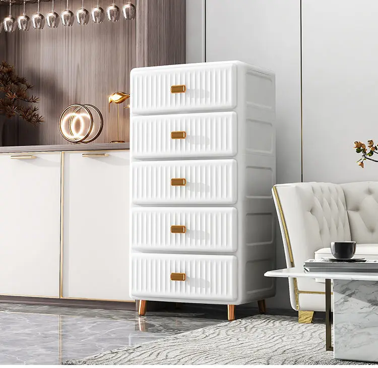 SG 5-Tier European Drawer Cabinet with Gold Handles and Legs, Anti-Fall Design and Spacious Storage - Self-Assembly Required, Strong and Durable PP Material