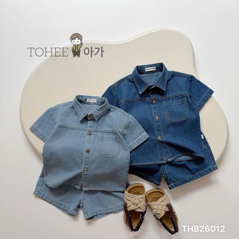 bộ jeans cộc tay cho bé trai bé gái chất liệu mềm mại fon giáng hàng quốc hóp trend 2026