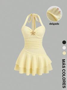 Vestido mini de línea A para mujer con textura, cuello halter con lazo frontal y frunces en el busto, adorno metálico y dobladillo con volantes superpuestos; elegante para primavera/verano, ideal para vacaciones en la playa (delicado).