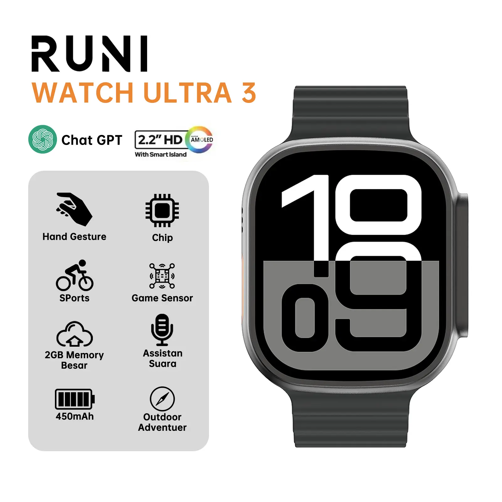 RUNI WATCH Ultra 3 AMOLED Screen HD Display Smartwatch IP68 Waterproof bluetooth Android iOS jam tangan pintar 49mm