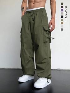 メンズプレーンポケットドローストリングウエストカーゴパンツ、ルーズカジュアルワイドレッグパンツ、メンズボトムス、メンズ用スプリングパンツ、ドリッピーアウトフィット、サマーアウトフィット2024、外出用アウトフィット