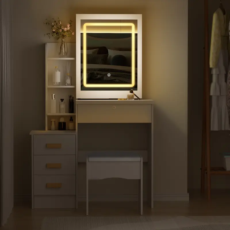 Vanity Desk with Sliding Mirror and Lights, Bedroom Dressing Table, Makeup Table with Drawers & Shelves, Hidden Storage Space 6