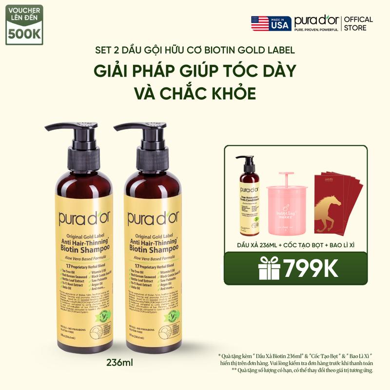  Combo 2 Dầu Gội Giảm Rụng Tóc Organic Pura D'or Biotin Gold Label 236ML | Chăm Sóc Tóc Chăm Sóc Da Đầu Dưỡng tóc Hỗ Trợ Mọc Tóc 