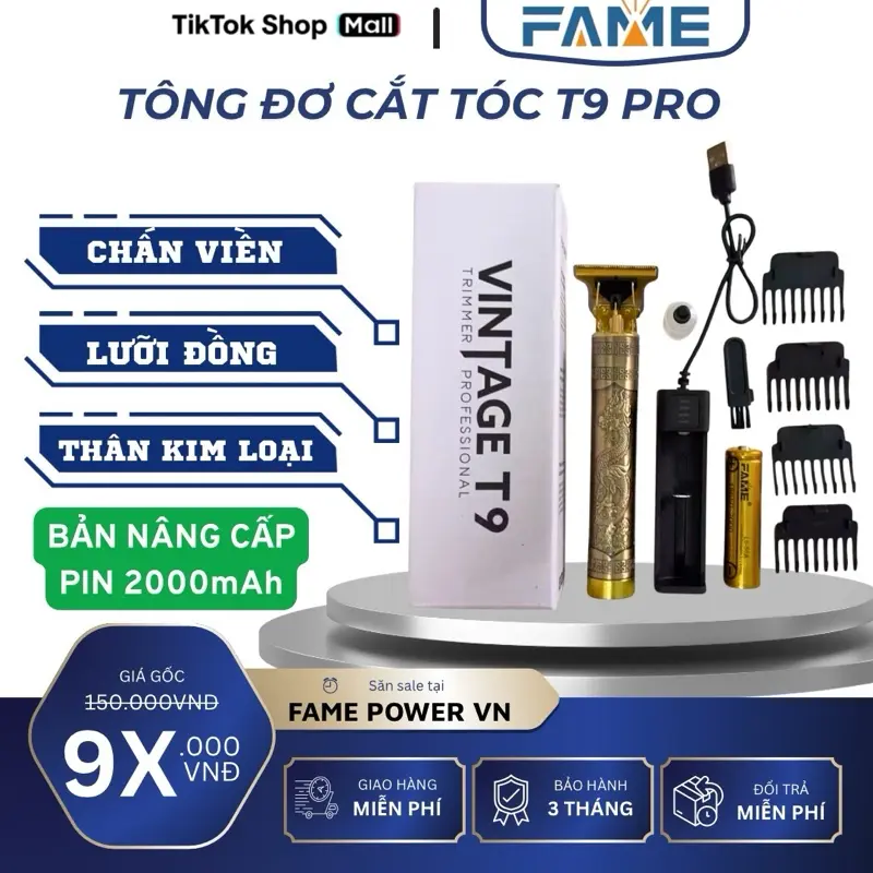 Tông đơ T9 cắt tóc, chấn viền, cạo râu chất liệu đồng nguyên khối. Bộ 10 món -pin rời