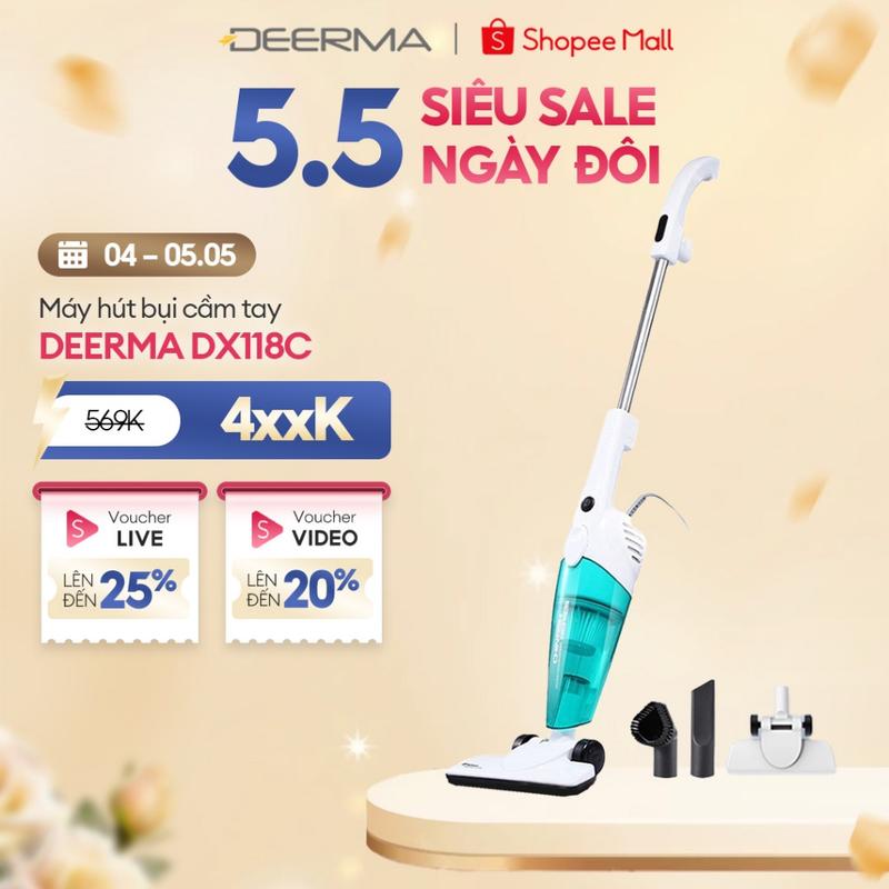 Máy hút bụi cầm tay Deerma DX118C lực hút 15000pa, công suất 600W với bộ lọc bụi mịn HEPA