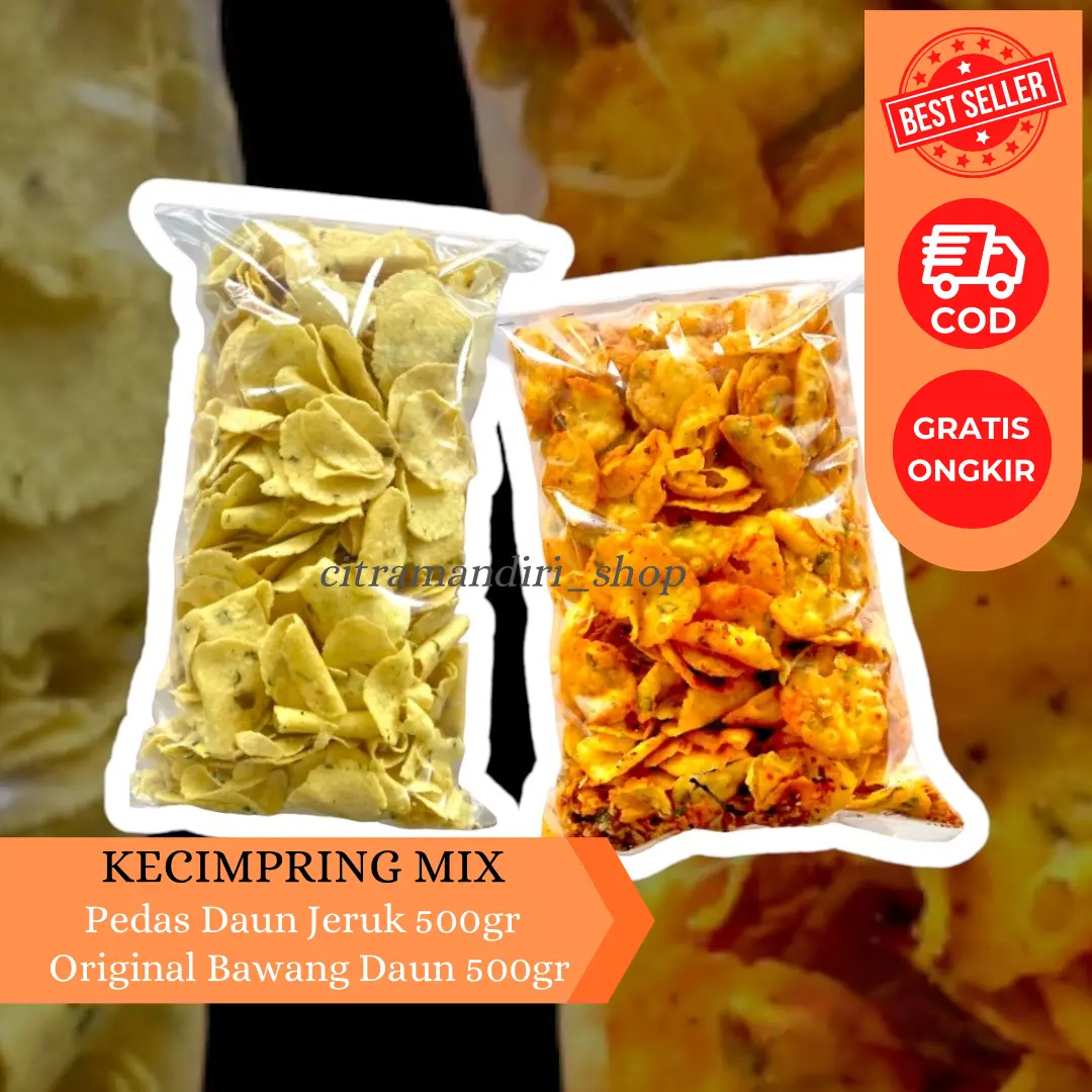 Kecimpring Singkong Bawang Daun 500gr dan Kecimpring Pedas Daun Jeruk 500gr - Makanan Ringan khas Kuningan Snack Cemilan Kripik