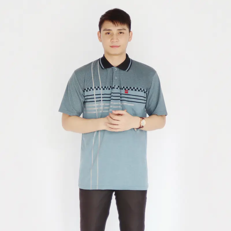 Sc - Baju Katun Motif Batik Lengan Pendek Pria Dewasa Distro - Kaos Saku Kerah Polo Atasan Cowok Santai Abu Panjang 2