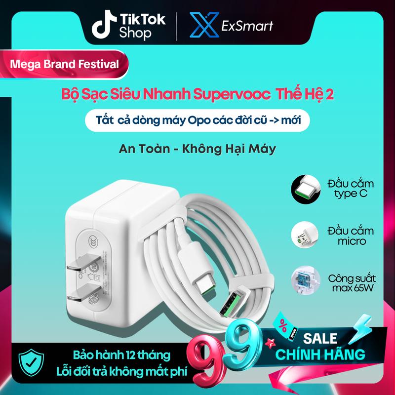 Bộ sạc nhanh 65W VOOC/SUPERVOOC Exsmart An Toàn tương thích với tất cả các dòng máy ANDROI - Hỗ trợ bảo vệ pin - TPU Nhựa Phone Sạc Điện Thoại Phụ Kiện