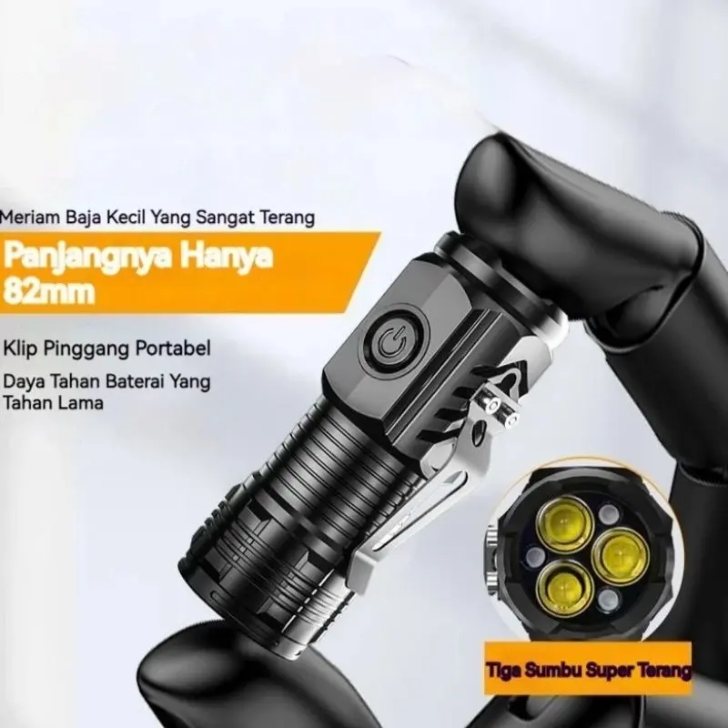 Senter Mini LED 3 Mata / Senter Lampu Mini Anti Air Super Terang / Senter Mini Rechargeable FREE Usb 3