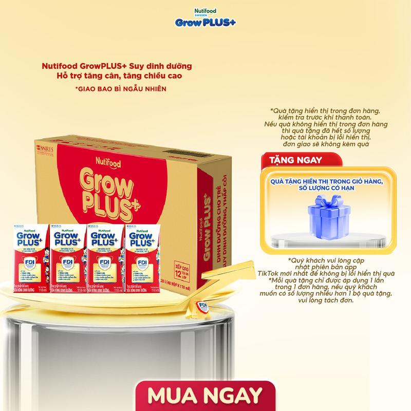 [CÓ ĐƯỜNG/ÍT ĐƯỜNG] Thùng Sữa Bột Pha Sẵn Nutifood GrowPLUS+ Suy Dinh Dưỡng - Thùng 48 hộp x 110ml - Hỗ trợ Tăng Cân, Tăng Chiều Cao- Link chính (Bao bì tuỳ đợt nhập hàng)