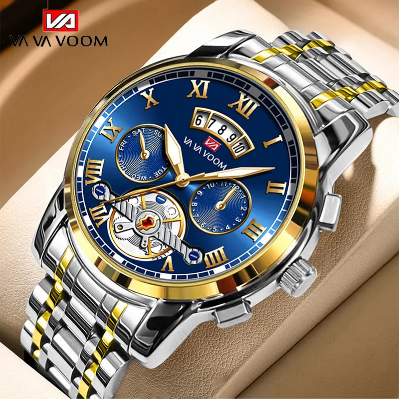 Đồng hồ tourbillon bằng thép không gỉ, Không tự động, Đồng hồ kinh doanh, Với ánh sáng ban đêm, Đồng hồ chống thấm nước, Đồng hồ nam, Bộ điều chỉnh hộp quà tặng