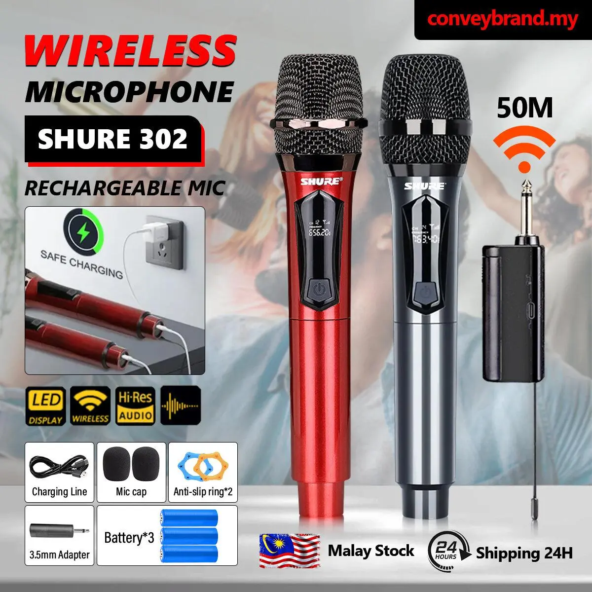Mikrofon Wayarles, Sistem Mikrofon Dinamik Tanpa Kord Pegang Tangan Dwi Logam, dengan Penerima Boleh Dicas Semula, Mikrofon Audio Auto Sambung, Mikrofon Mudah Alih Microphones mic  kereta  karaoke mic  wireless