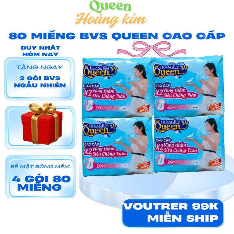    COMBO 4 GÓI   80 MIẾNG Băng Vệ Sinh QUEEN HOÀNG KIM CAO CẤP Bề Mặt Bông Dệt Siêu Êm Gói 20 Miếng Kích Thước 24,5cm Nữ Women Tampon bvs 