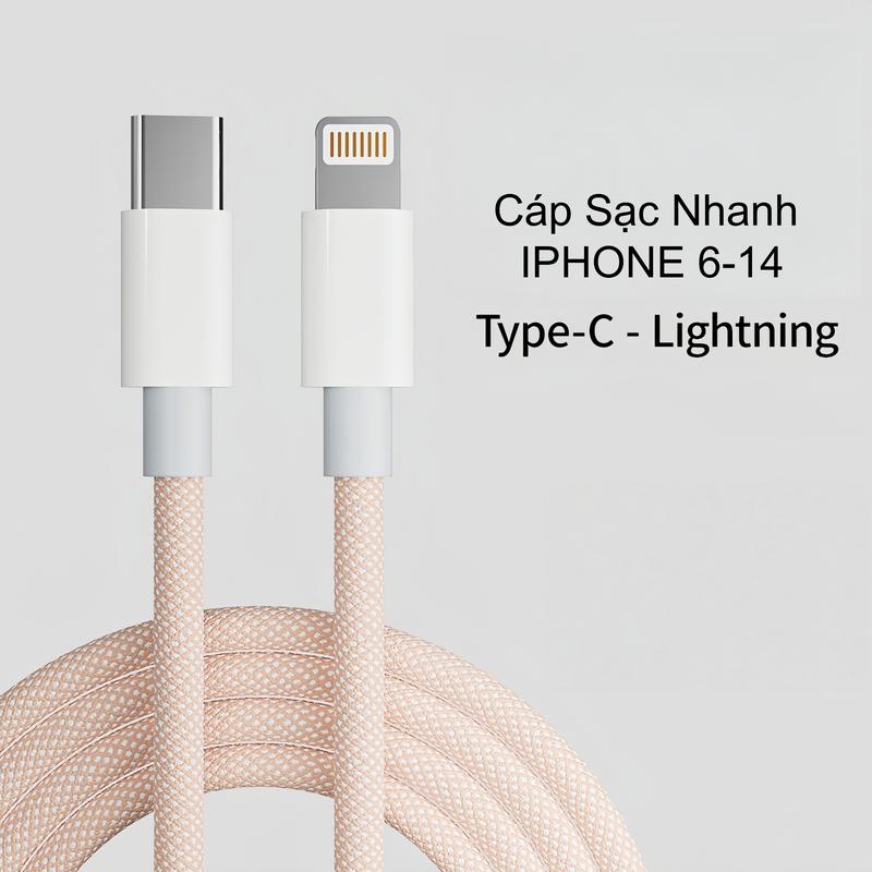Cáp Sạc Nhanh PD20W 5 Lõi Bọc Dù 1M/2M, Dây Type-C - IP Siêu Bền Chống Đứt Gãy, 4 Màu Đa Sắc, Cho iPhone 6-14 (Không kèm củ sạc)
