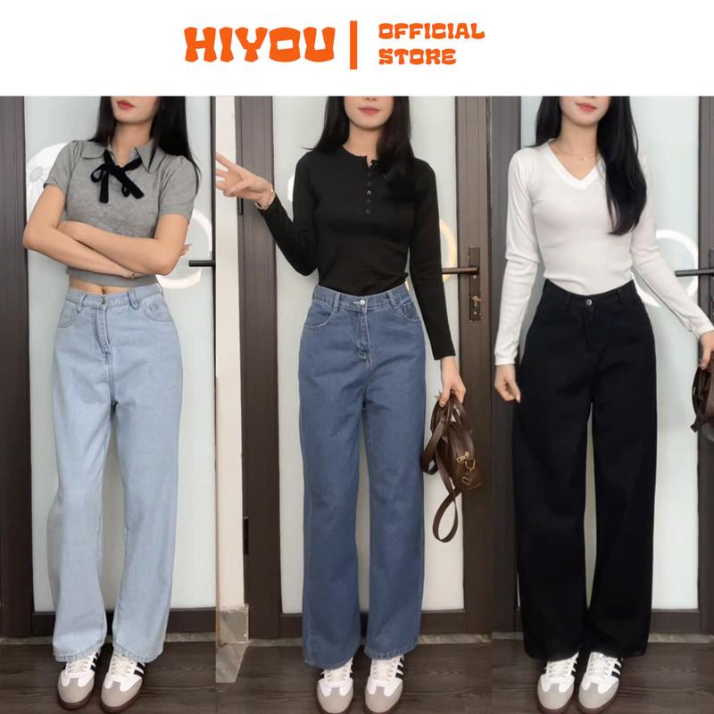 Quần jean nữ lưng cao ống rộng, Quần bò nữ lưng cao ống rộng style hàn quốc dáng suông Pants quần  bò size xs Women Ong