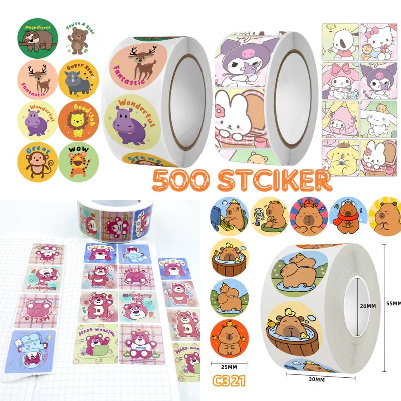   500 miếng  Cuộn sticker khen thưởng kuromi loopy capybara tiếng Anh quà tặng học sinh 