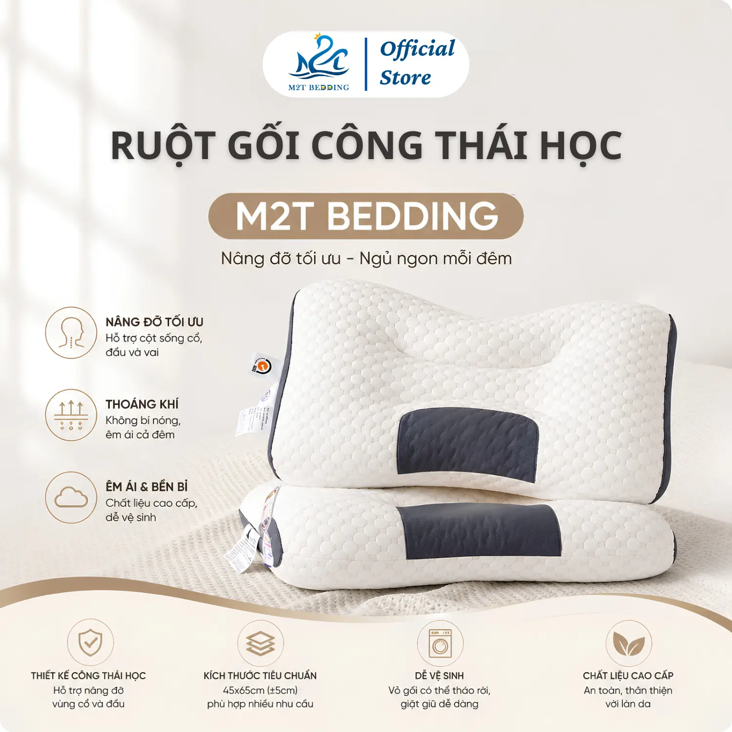 Gối công thái học M2T BEDDING ruột bông gòn tinh khiết thiết kế lượn sóng hỗ trợ tư thế ngủ tránh đau mỏi vai gáy - 1 chiếc