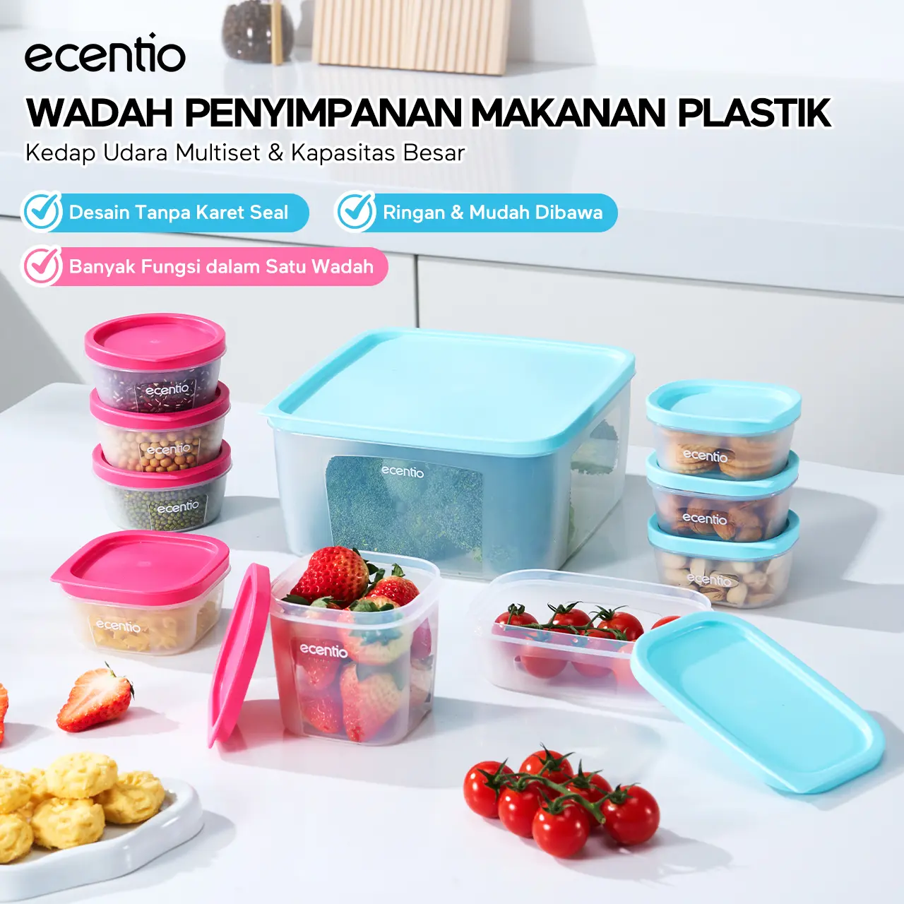 ecentio food container 10pcs anti tumpah kotak makanSet Wadah Plastik Anti Gumpal untuk Pengguna Dapur Rumahan & Catering, Tertutup rapat dan tahan lembap Wadah Makanan Plastik
