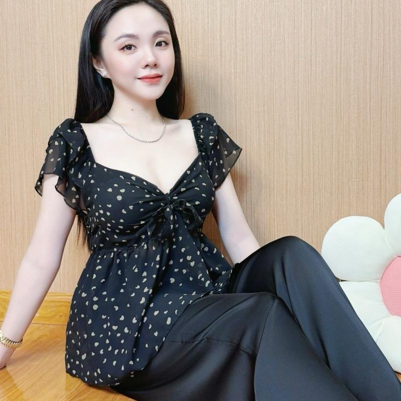 Đồ bộ nữ lụa áo tay cánh tiên 2 lớp , cột nơ to phía trước, form xoè babydoll kèm quần ống suông có túi freesize