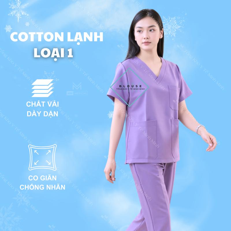 Bộ quần áo scrubs cổ tim màu tím cho bác sĩ, điều dưỡng, kĩ thuật viên, thẩm mỹ viện, đồng phục mầm non