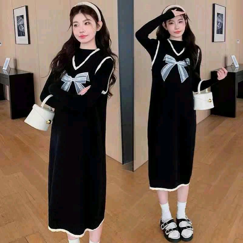  { Len QC} Đầm len QC,thiết kế nơ xinh chất len co dãn mặc thỏa mái cho mẹ và bé đi tiệc lịch sự 