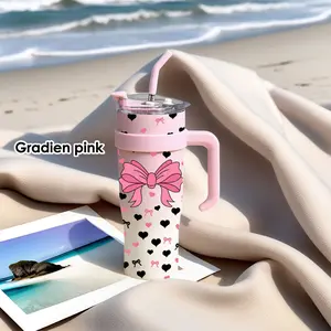 304 Stainless Steel 40 Oz Double-Wall Insulated Bottle with Lid -  ikat pinggang hati motif pink hitam Design | Perfect for Beer, Hot Beverages & Cold Drinks