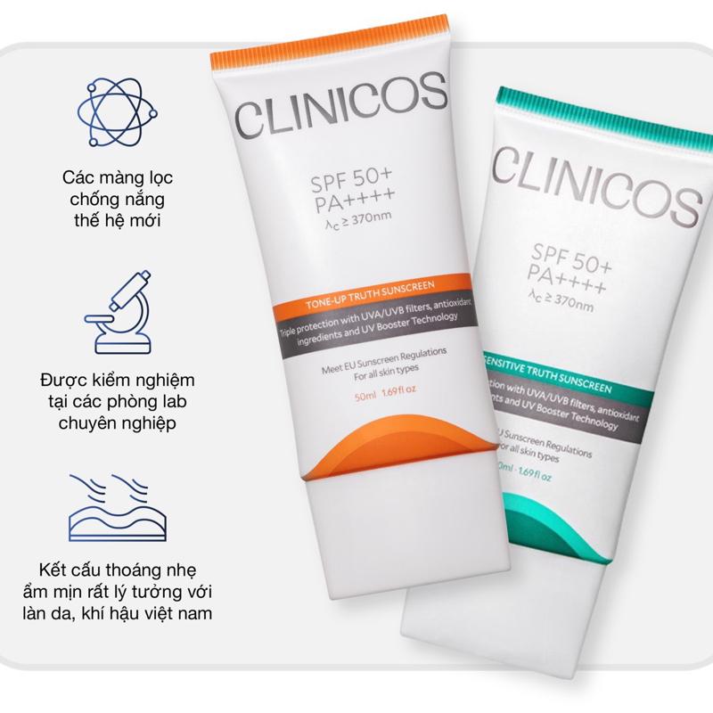 CLINICOS Kem Chống Nắng SPF 50 PA ++++ 50ML Màu Cam Cho Da Dầu & Màu Xanh Cho Da Nhạy Cảm Không Sulfate Paraben
