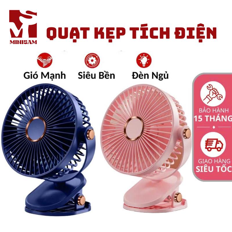 Quạt tích điện kẹp bàn đa năng F15 5000 mAh chạy 2-8 tiếng, đèn ngủ, sạc Type C - Màu Xanh - Màu Hồng Minisamm