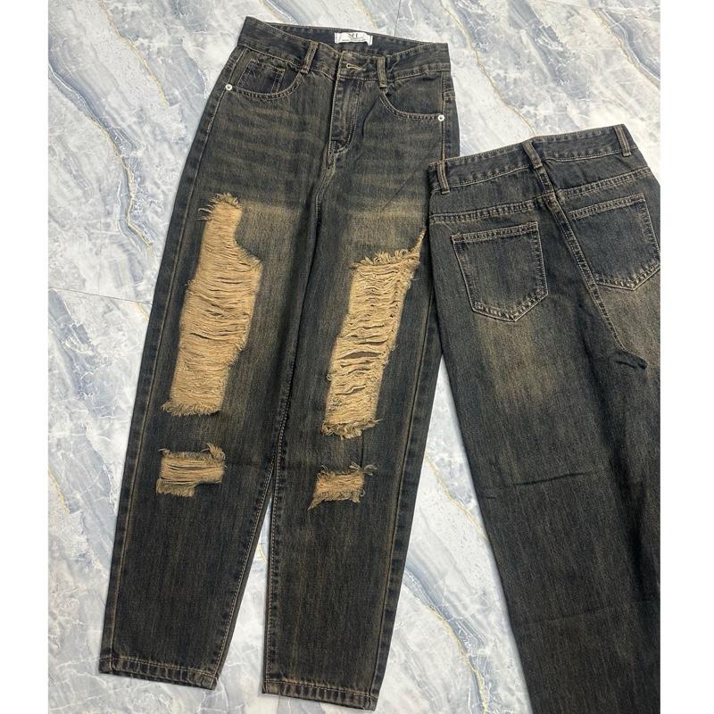 [Có bigsize] [5555]  Quần Jeans Baggy Thêu Chữ  Túi Sau Màu Bụi Rách Đùi 2 Bên