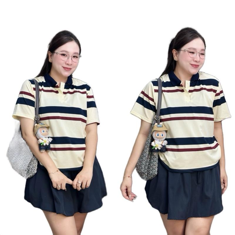 Set bộ polo kẻ đỏ chân váy xanh than dây viền bigsize nữ (21371) Top