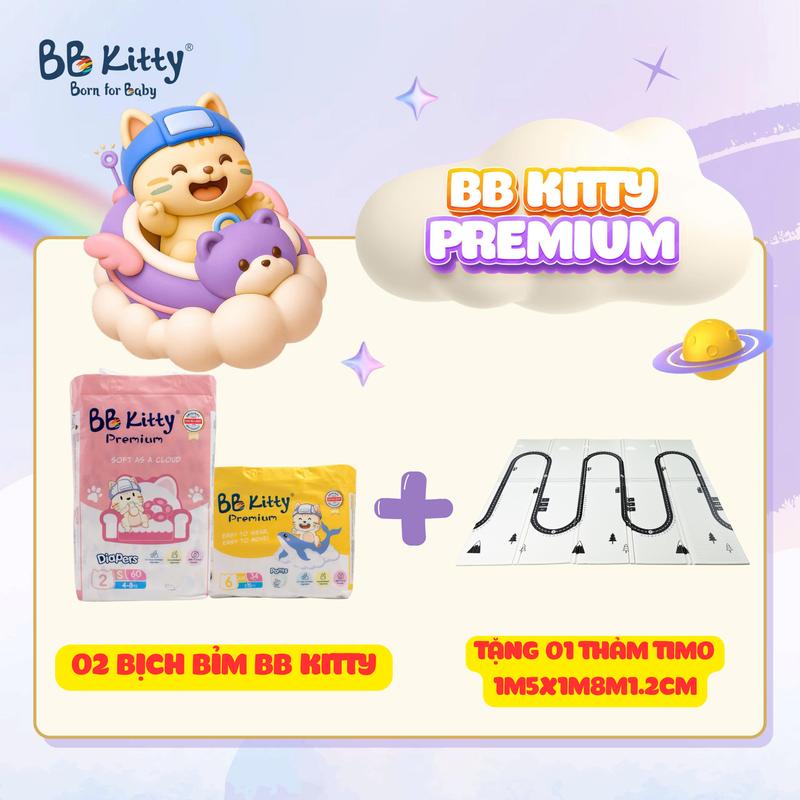   TẶNG 01 THẢM GẤP GỌN TOBE  M15 X 1M8 X 1.2CM  HOẶC 01 CHẬU TẮM JOLY  Combo 02 bịch tã bỉm dán quần BB KITTY PREMIUM mềm mịn thấm hút cho bé MXQ x BBKITTY 